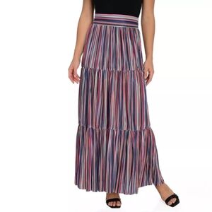 Alison Joy Cinched Waist Tiered Maxi Skirt, Textured, Multicolor Stripes, EUC!